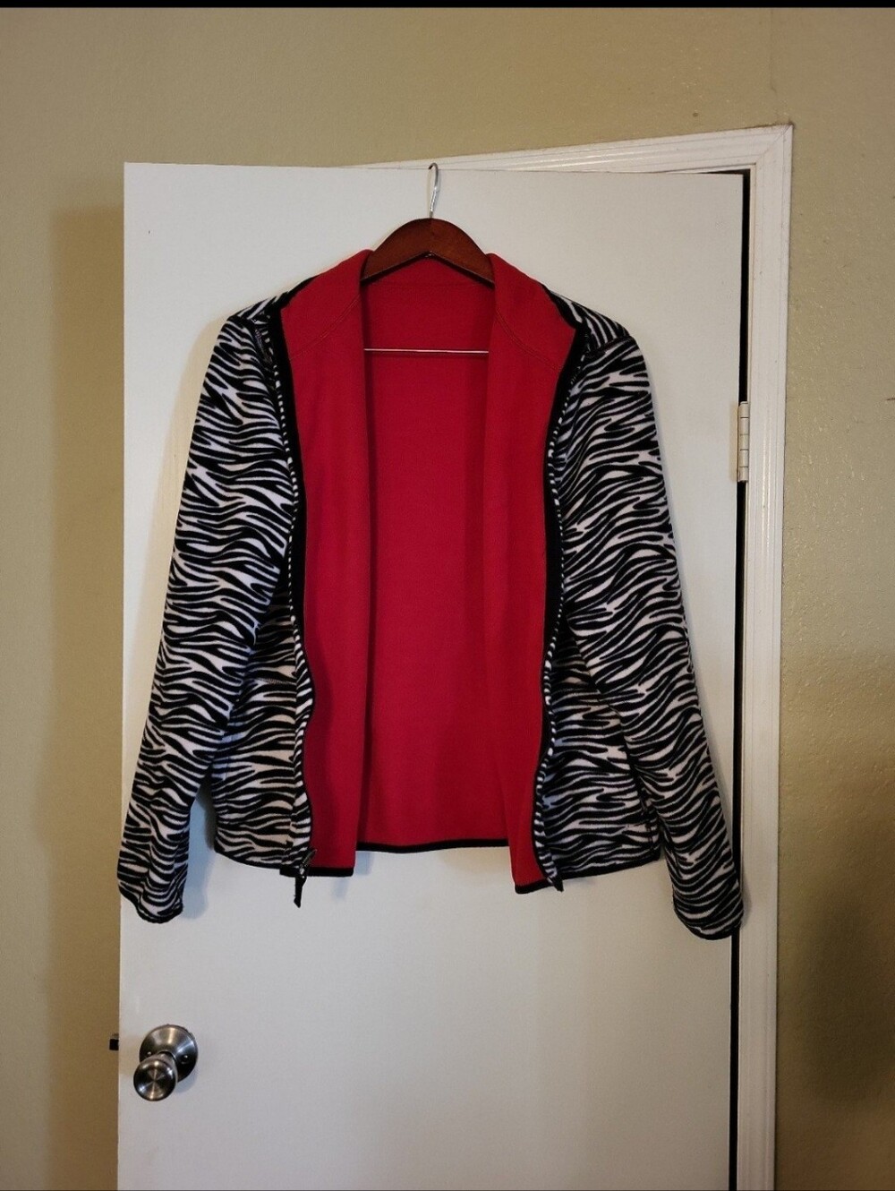 Zebra Print Open-Front Sweater Jacket with Red Lining XL